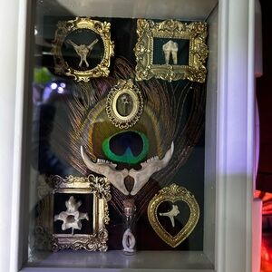 Decorative Shadow Box with Gold Accents and Peacock Feather